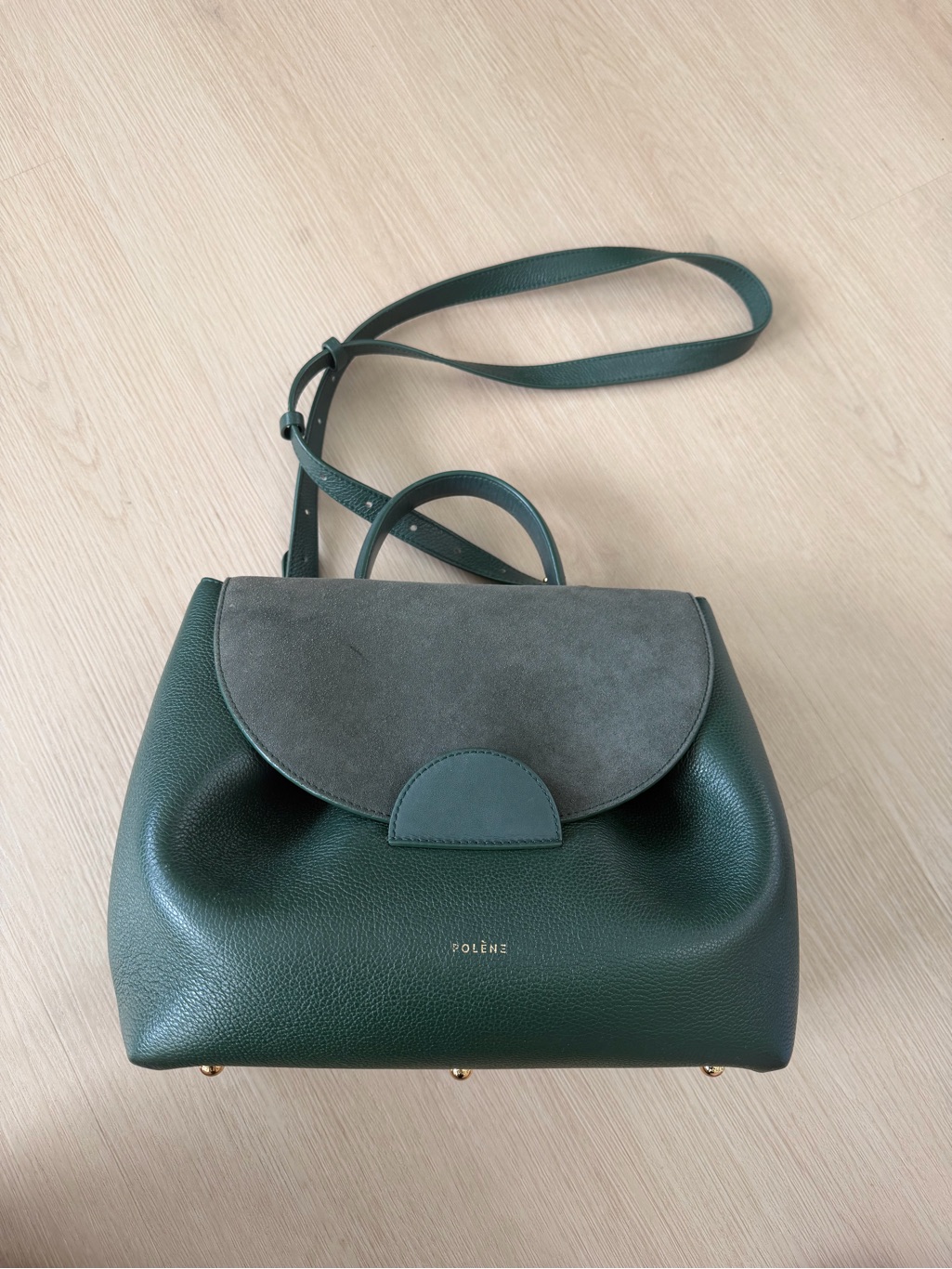 Polene Numro Un Leather Suede Trim Handle Bag Forest Green